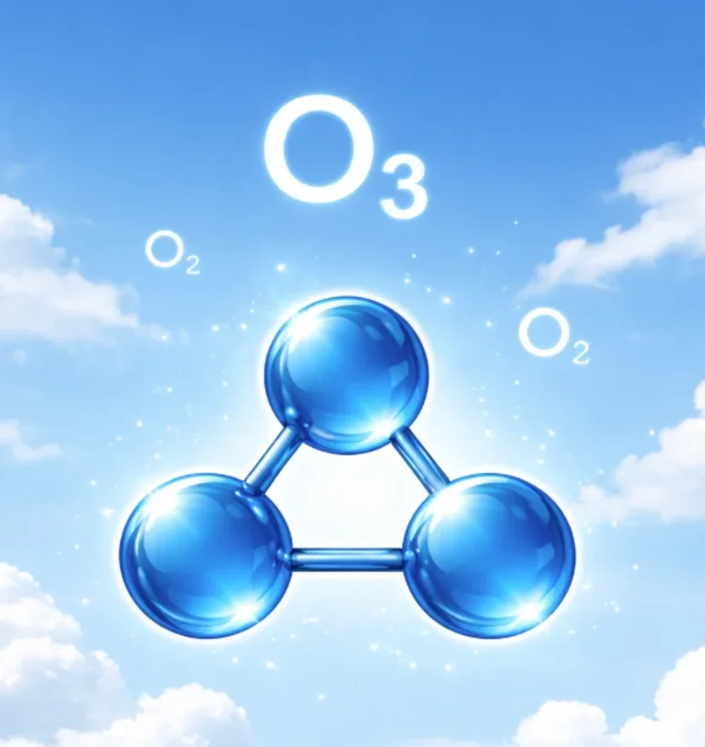 Illustration av ozonmolekylen (O₃) som tre blå sammanlänkade kulor mot en ljusblå himmel med moln