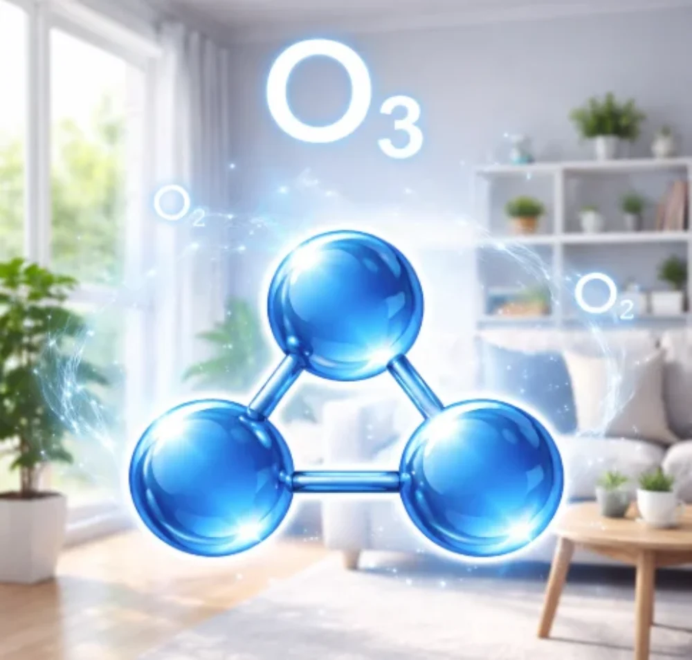 ozonmolekyl (O₃) inomhus i ett vardagsrum